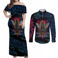 Odin Raven Viking Couples Matching Off Shoulder Maxi Dress and Long Sleeve Button Shirt with Valknut and Runes Norse Mythology and Magic Tribute - Wonder Print Shop