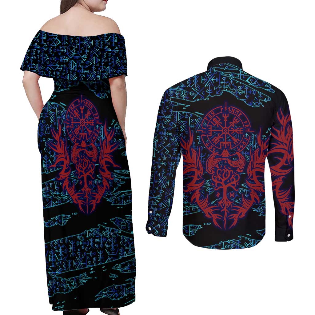 Odin Raven Viking Couples Matching Off Shoulder Maxi Dress and Long Sleeve Button Shirt with Valknut and Runes Norse Mythology and Magic Tribute - Wonder Print Shop