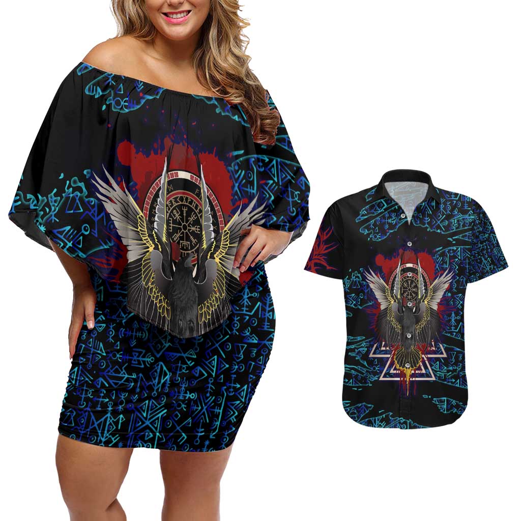 Odin Raven Viking Couples Matching Off Shoulder Short Dress and Hawaiian Shirt with Valknut and Runes Norse Mythology and Magic Tribute - Wonder Print Shop