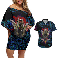 Odin Raven Viking Couples Matching Off Shoulder Short Dress and Hawaiian Shirt with Valknut and Runes Norse Mythology and Magic Tribute - Wonder Print Shop