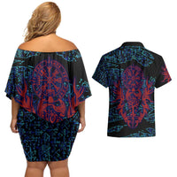 Odin Raven Viking Couples Matching Off Shoulder Short Dress and Hawaiian Shirt with Valknut and Runes Norse Mythology and Magic Tribute - Wonder Print Shop