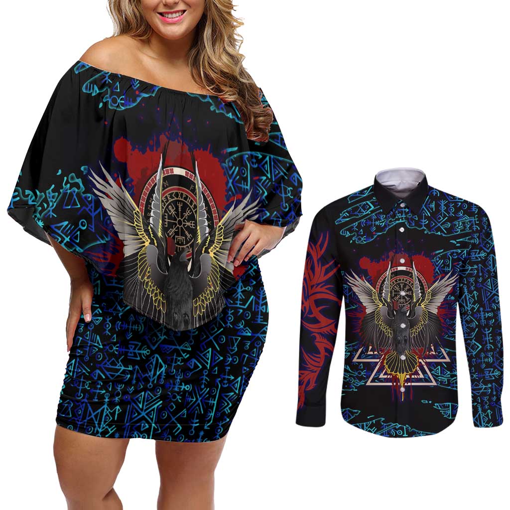Odin Raven Viking Couples Matching Off Shoulder Short Dress and Long Sleeve Button Shirt with Valknut and Runes Norse Mythology and Magic Tribute - Wonder Print Shop