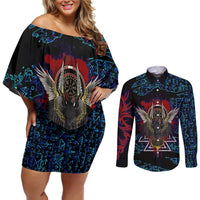 Odin Raven Viking Couples Matching Off Shoulder Short Dress and Long Sleeve Button Shirt with Valknut and Runes Norse Mythology and Magic Tribute - Wonder Print Shop