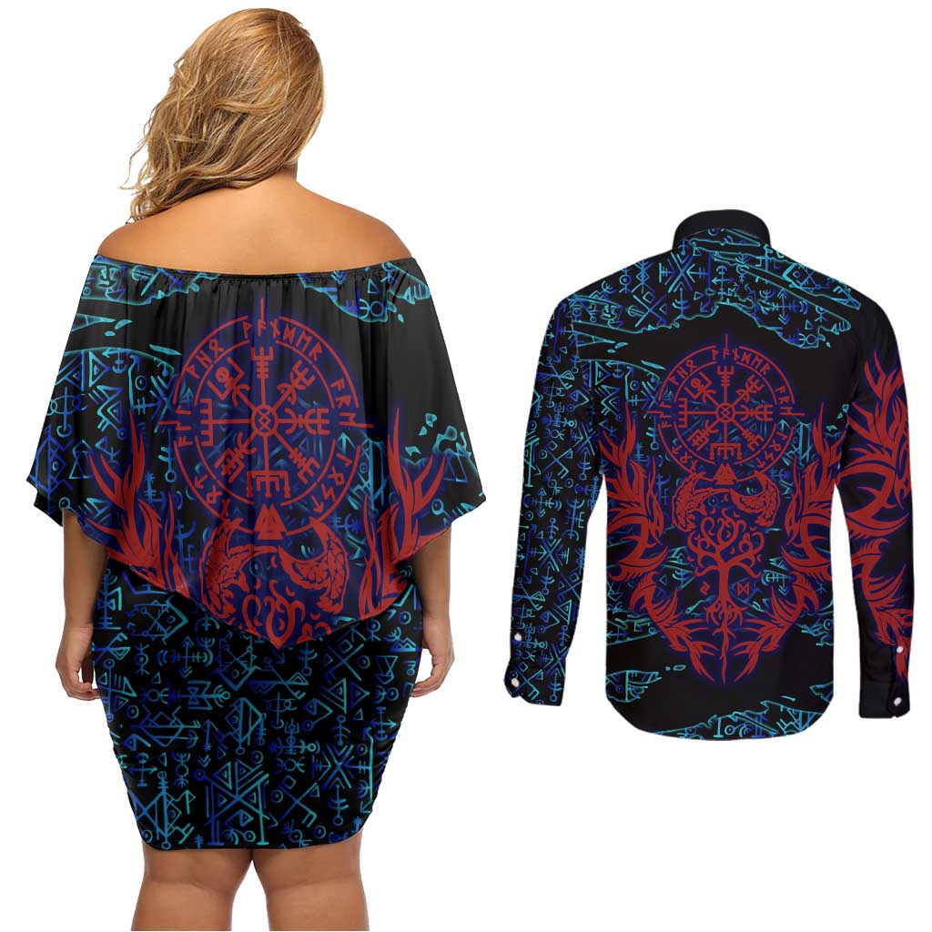 Odin Raven Viking Couples Matching Off Shoulder Short Dress and Long Sleeve Button Shirt with Valknut and Runes Norse Mythology and Magic Tribute - Wonder Print Shop