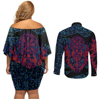 Odin Raven Viking Couples Matching Off Shoulder Short Dress and Long Sleeve Button Shirt with Valknut and Runes Norse Mythology and Magic Tribute - Wonder Print Shop