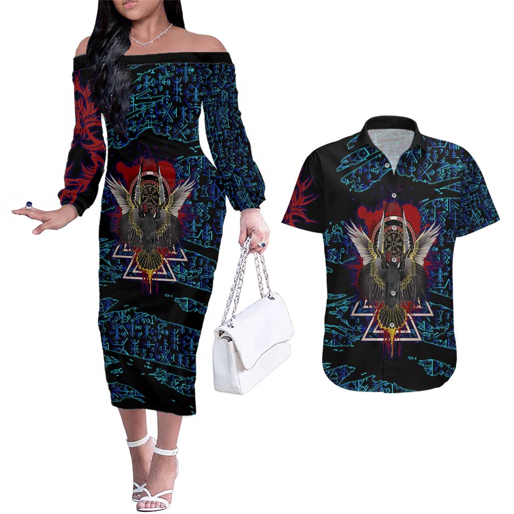Odin Raven Viking Couples Matching Off The Shoulder Long Sleeve Dress and Hawaiian Shirt with Valknut and Runes Norse Mythology and Magic Tribute - Wonder Print Shop