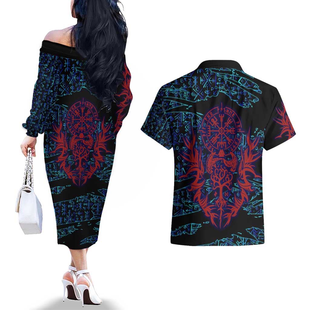 Odin Raven Viking Couples Matching Off The Shoulder Long Sleeve Dress and Hawaiian Shirt with Valknut and Runes Norse Mythology and Magic Tribute - Wonder Print Shop