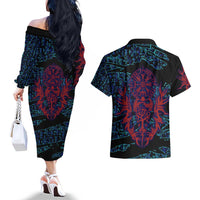Odin Raven Viking Couples Matching Off The Shoulder Long Sleeve Dress and Hawaiian Shirt with Valknut and Runes Norse Mythology and Magic Tribute - Wonder Print Shop