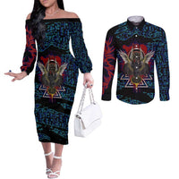 Odin Raven Viking Couples Matching Off The Shoulder Long Sleeve Dress and Long Sleeve Button Shirt with Valknut and Runes Norse Mythology and Magic Tribute - Wonder Print Shop