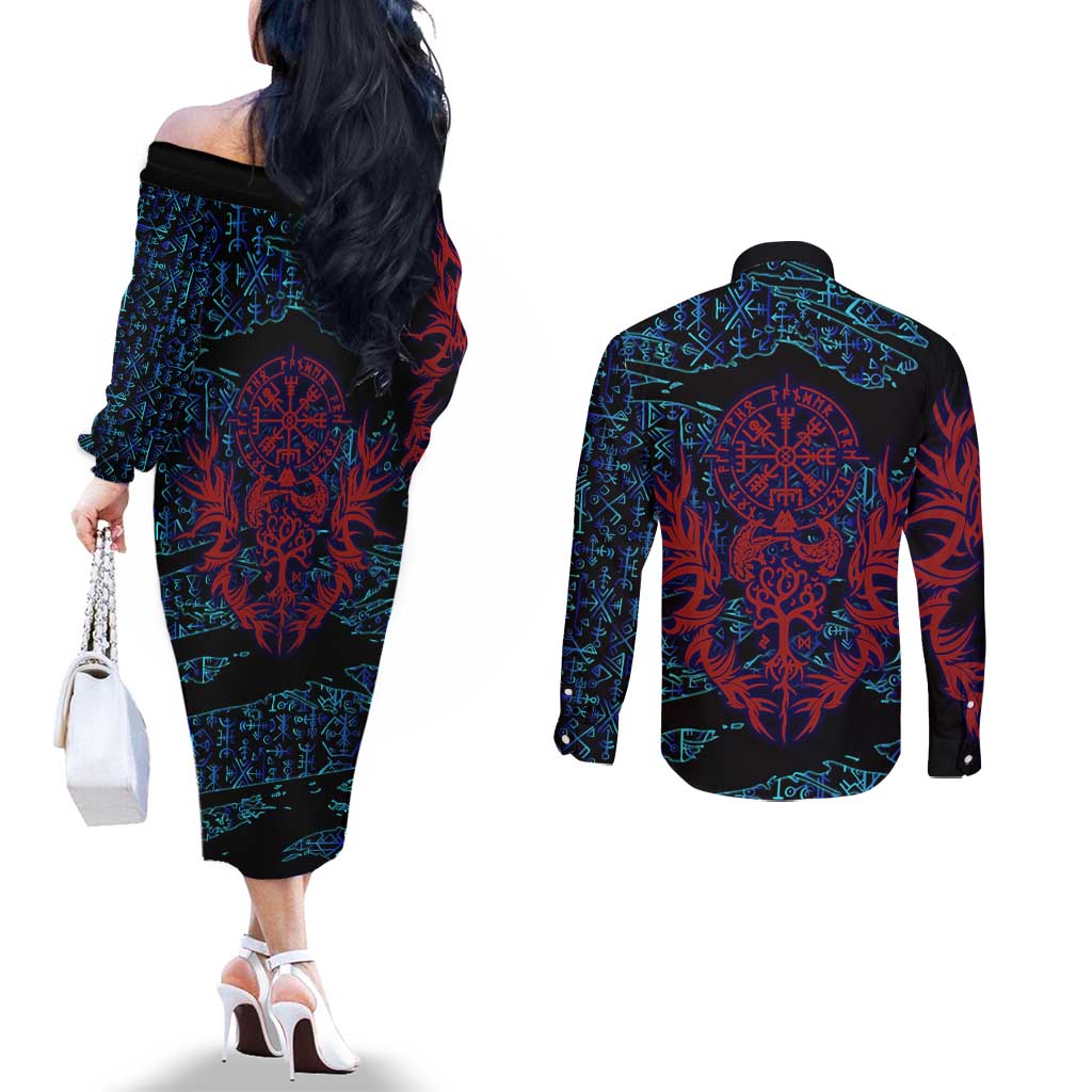 Odin Raven Viking Couples Matching Off The Shoulder Long Sleeve Dress and Long Sleeve Button Shirt with Valknut and Runes Norse Mythology and Magic Tribute - Wonder Print Shop