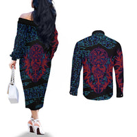 Odin Raven Viking Couples Matching Off The Shoulder Long Sleeve Dress and Long Sleeve Button Shirt with Valknut and Runes Norse Mythology and Magic Tribute - Wonder Print Shop