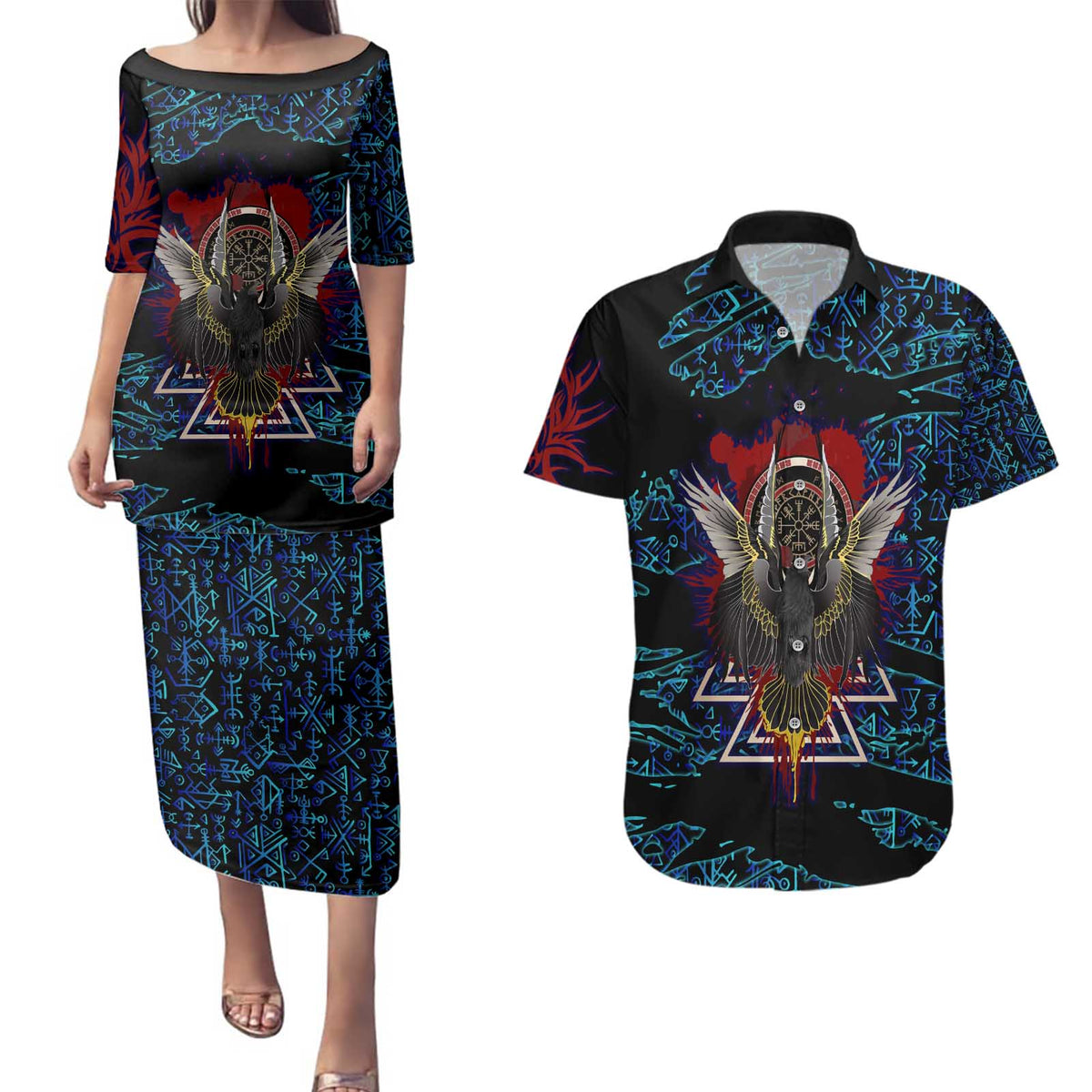 Odin Raven Viking Couples Matching Puletasi and Hawaiian Shirt with Valknut and Runes Norse Mythology and Magic Tribute - Wonder Print Shop