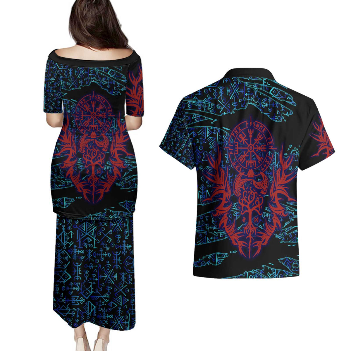 Odin Raven Viking Couples Matching Puletasi and Hawaiian Shirt with Valknut and Runes Norse Mythology and Magic Tribute - Wonder Print Shop