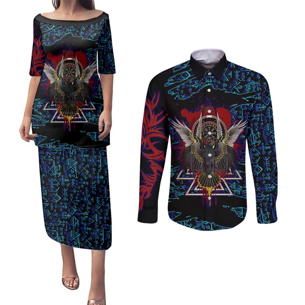 Odin Raven Viking Couples Matching Puletasi and Long Sleeve Button Shirt with Valknut and Runes Norse Mythology and Magic Tribute - Wonder Print Shop