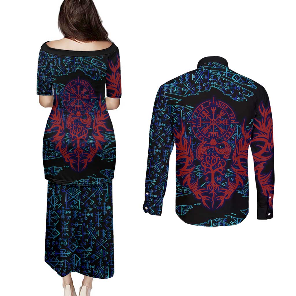 Odin Raven Viking Couples Matching Puletasi and Long Sleeve Button Shirt with Valknut and Runes Norse Mythology and Magic Tribute - Wonder Print Shop