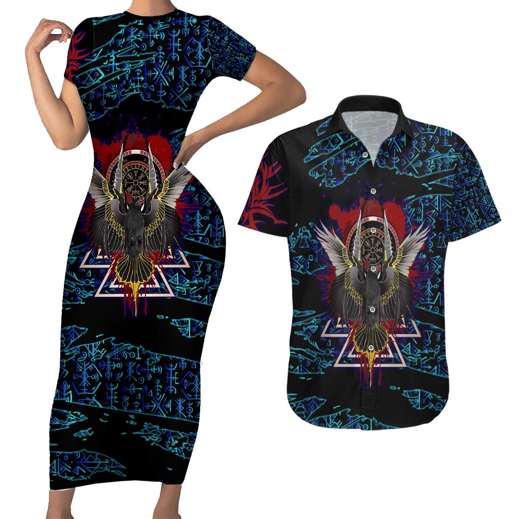 Odin Raven Viking Couples Matching Short Sleeve Bodycon Dress and Hawaiian Shirt with Valknut and Runes Norse Mythology and Magic Tribute - Wonder Print Shop