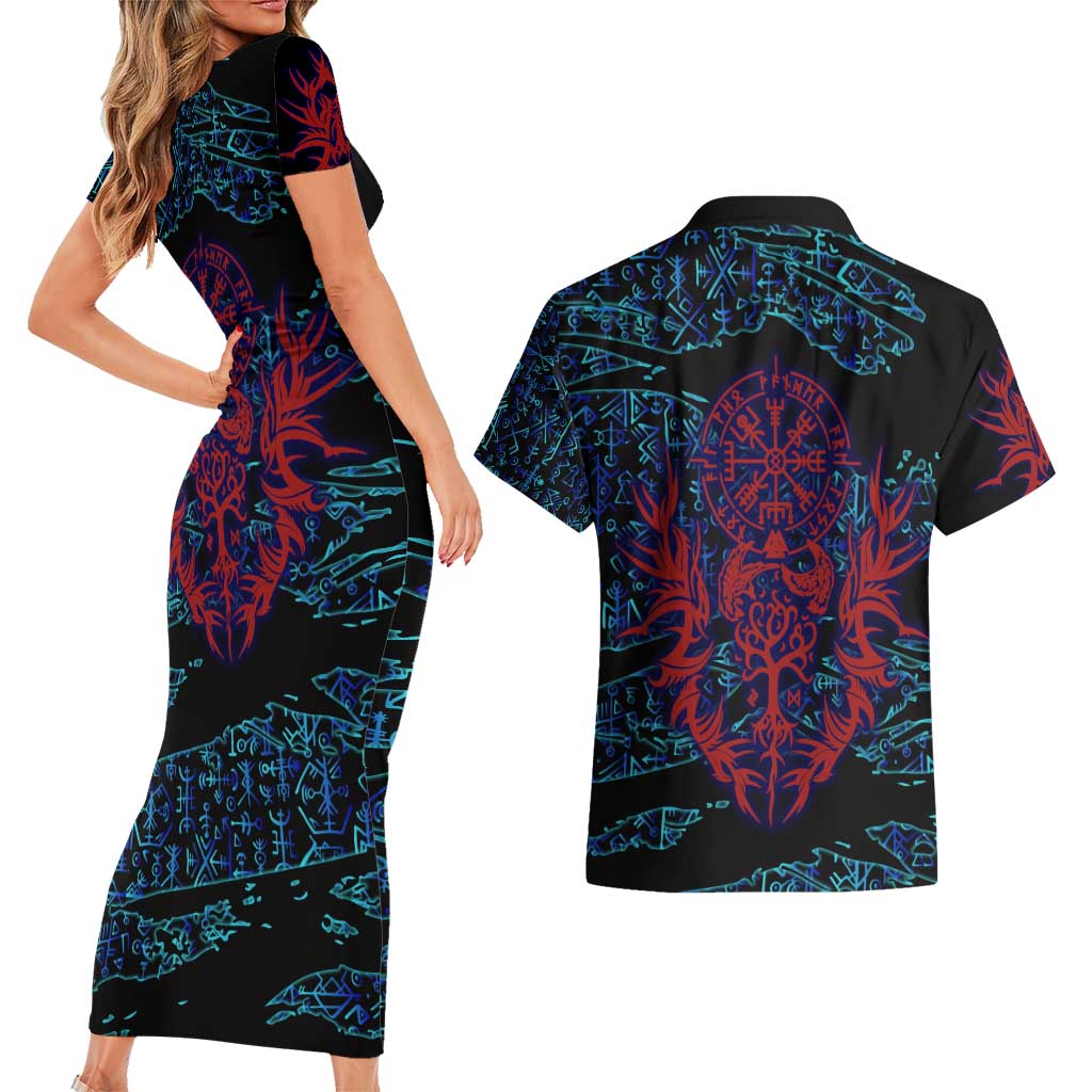 Odin Raven Viking Couples Matching Short Sleeve Bodycon Dress and Hawaiian Shirt with Valknut and Runes Norse Mythology and Magic Tribute - Wonder Print Shop