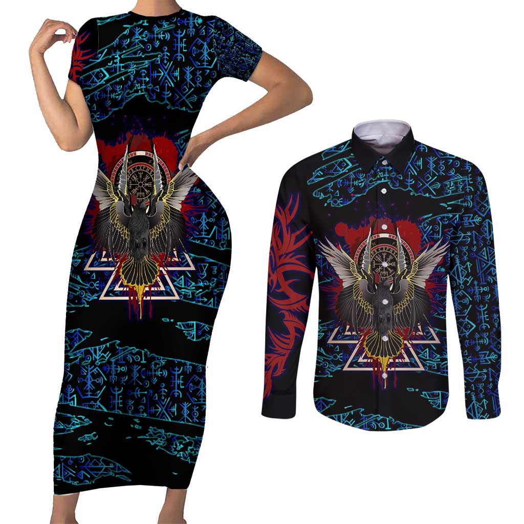 Odin Raven Viking Couples Matching Short Sleeve Bodycon Dress and Long Sleeve Button Shirt with Valknut and Runes Norse Mythology and Magic Tribute - Wonder Print Shop