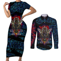 Odin Raven Viking Couples Matching Short Sleeve Bodycon Dress and Long Sleeve Button Shirt with Valknut and Runes Norse Mythology and Magic Tribute - Wonder Print Shop