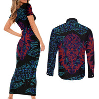 Odin Raven Viking Couples Matching Short Sleeve Bodycon Dress and Long Sleeve Button Shirt with Valknut and Runes Norse Mythology and Magic Tribute - Wonder Print Shop