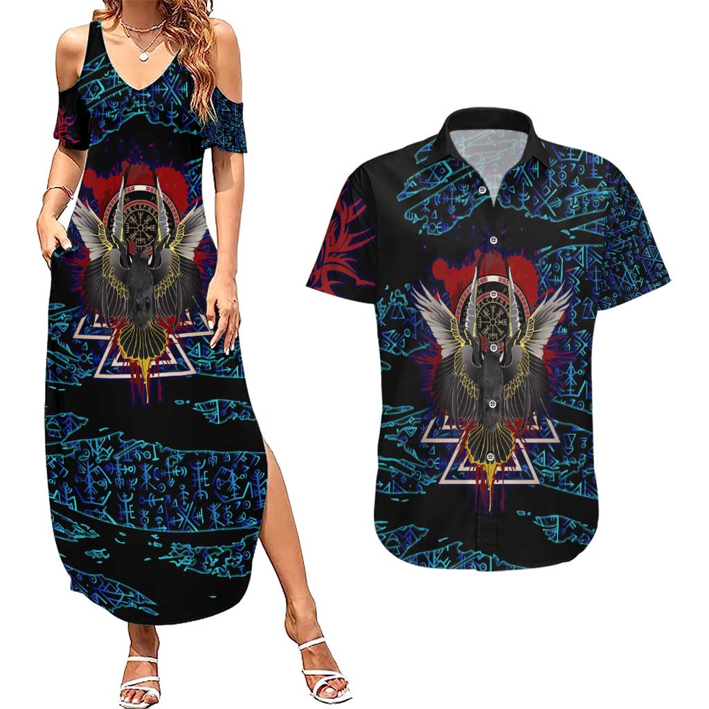 Odin Raven Viking Couples Matching Summer Maxi Dress and Hawaiian Shirt with Valknut and Runes Norse Mythology and Magic Tribute - Wonder Print Shop