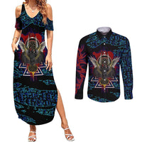 Odin Raven Viking Couples Matching Summer Maxi Dress and Long Sleeve Button Shirt with Valknut and Runes Norse Mythology and Magic Tribute - Wonder Print Shop