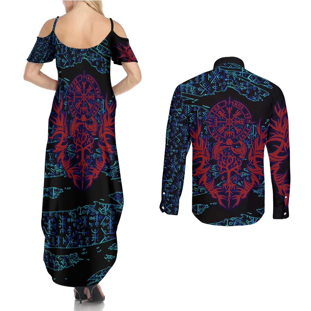 Odin Raven Viking Couples Matching Summer Maxi Dress and Long Sleeve Button Shirt with Valknut and Runes Norse Mythology and Magic Tribute - Wonder Print Shop