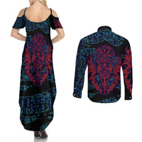Odin Raven Viking Couples Matching Summer Maxi Dress and Long Sleeve Button Shirt with Valknut and Runes Norse Mythology and Magic Tribute - Wonder Print Shop