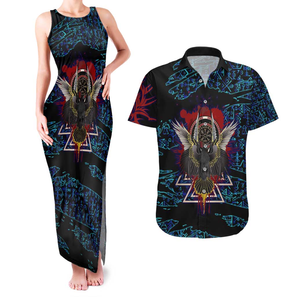 Odin Raven Viking Couples Matching Tank Maxi Dress and Hawaiian Shirt with Valknut and Runes Norse Mythology and Magic Tribute - Wonder Print Shop