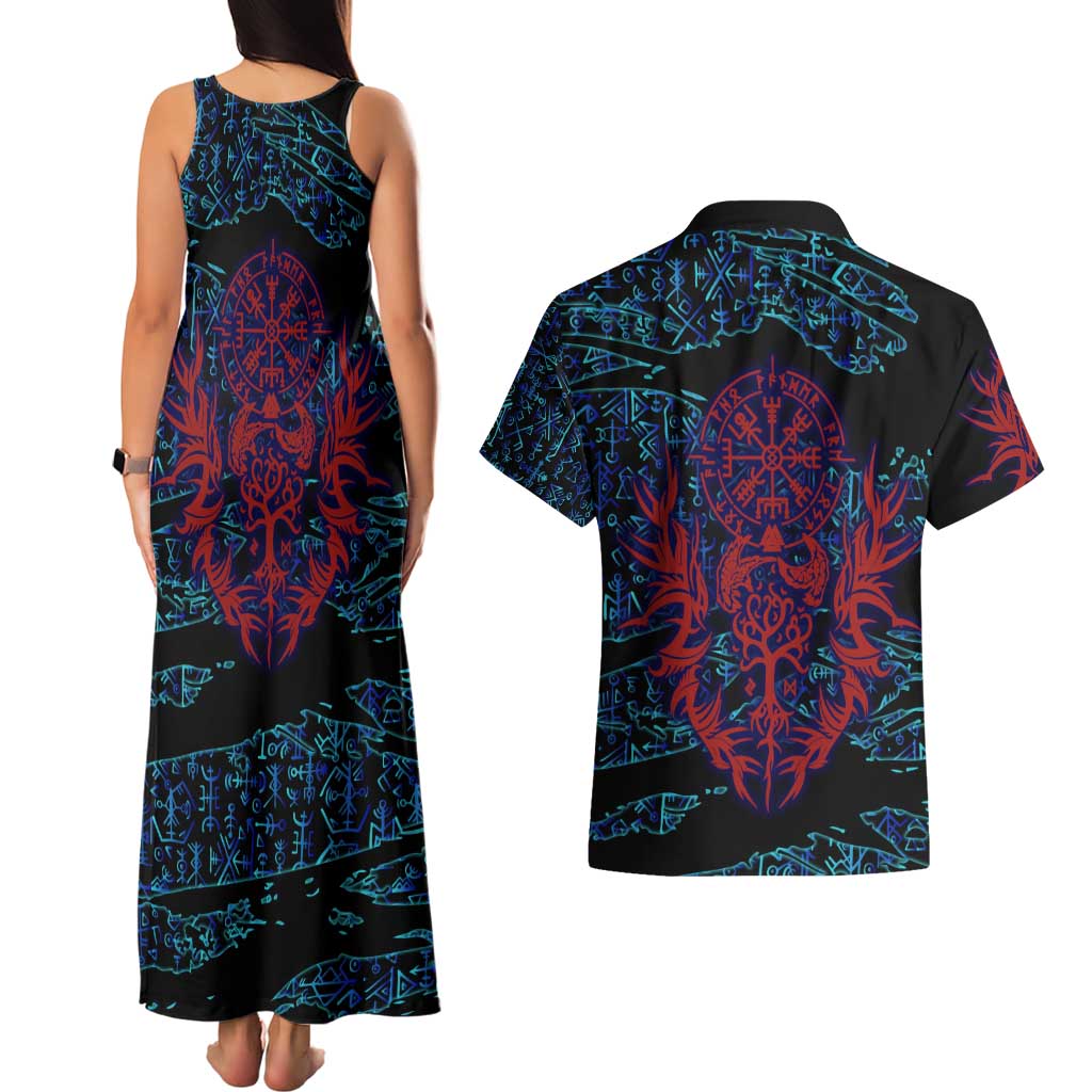 Odin Raven Viking Couples Matching Tank Maxi Dress and Hawaiian Shirt with Valknut and Runes Norse Mythology and Magic Tribute - Wonder Print Shop