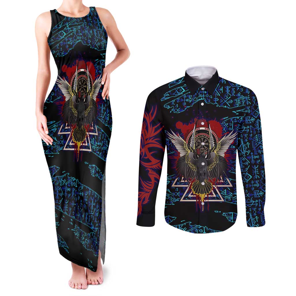 Odin Raven Viking Couples Matching Tank Maxi Dress and Long Sleeve Button Shirt with Valknut and Runes Norse Mythology and Magic Tribute - Wonder Print Shop