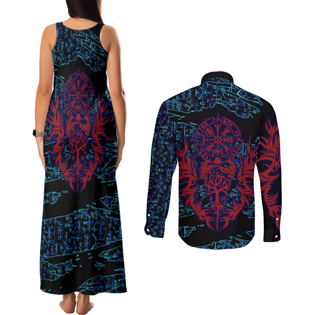 Odin Raven Viking Couples Matching Tank Maxi Dress and Long Sleeve Button Shirt with Valknut and Runes Norse Mythology and Magic Tribute - Wonder Print Shop