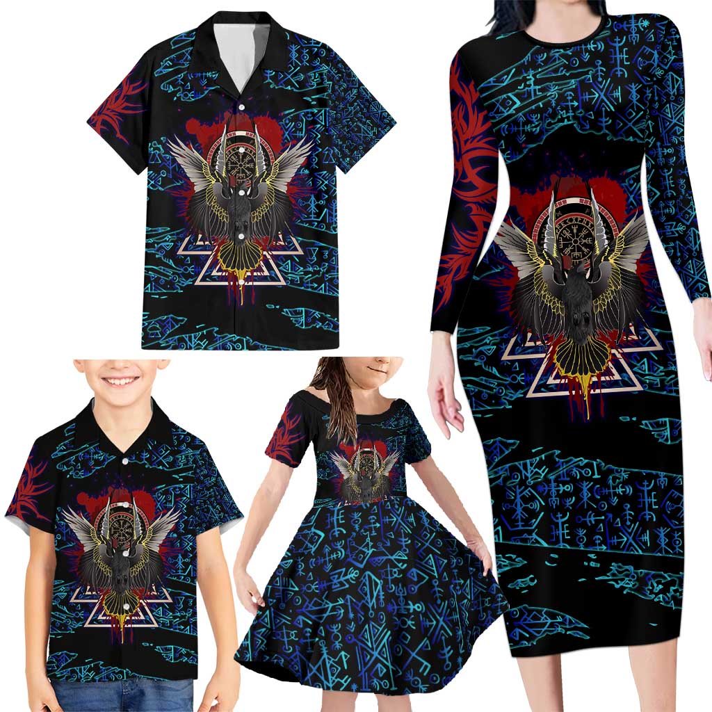 Odin Raven Viking Family Matching Long Sleeve Bodycon Dress and Hawaiian Shirt with Valknut and Runes Norse Mythology and Magic Tribute - Wonder Print Shop