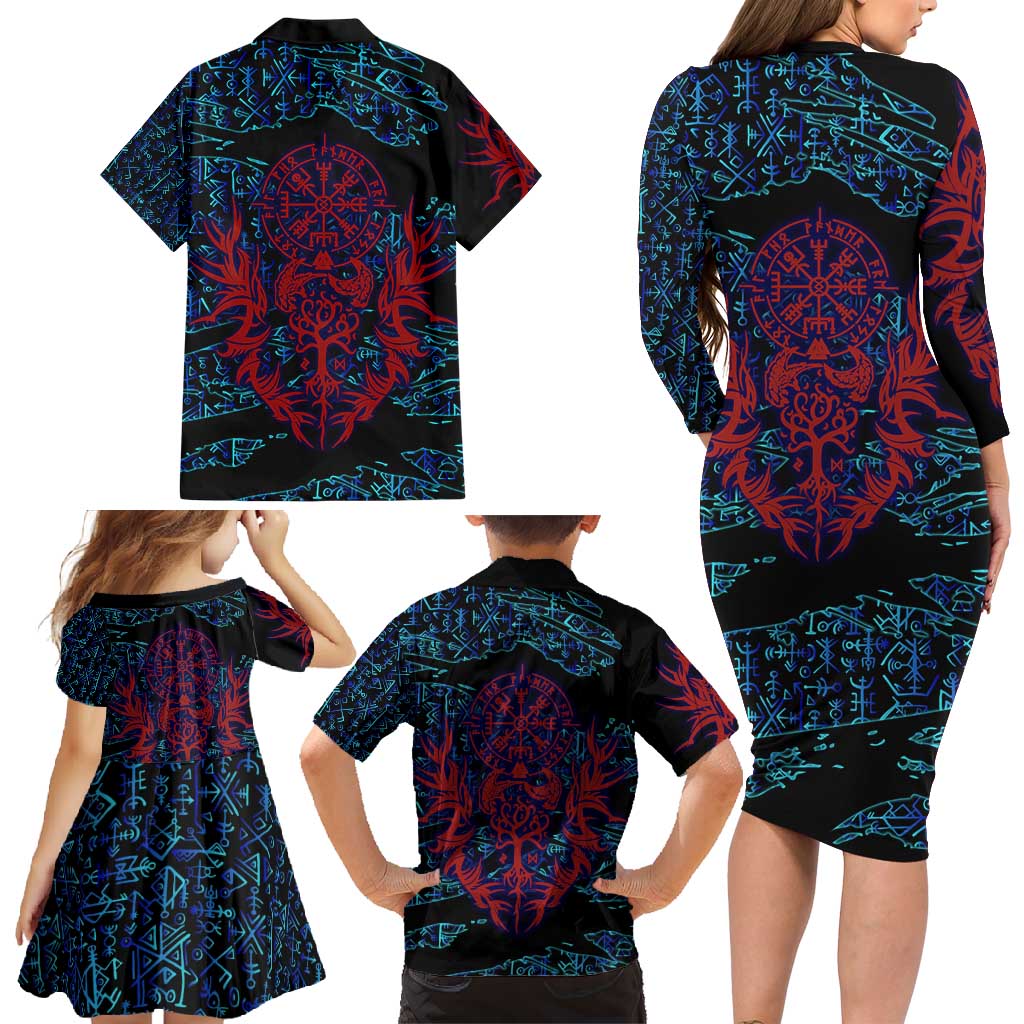 Odin Raven Viking Family Matching Long Sleeve Bodycon Dress and Hawaiian Shirt with Valknut and Runes Norse Mythology and Magic Tribute - Wonder Print Shop