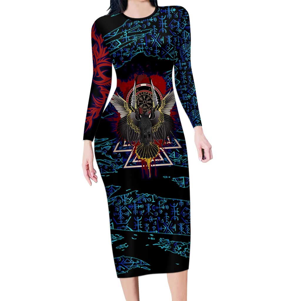 Odin Raven Viking Family Matching Long Sleeve Bodycon Dress and Hawaiian Shirt with Valknut and Runes Norse Mythology and Magic Tribute - Wonder Print Shop
