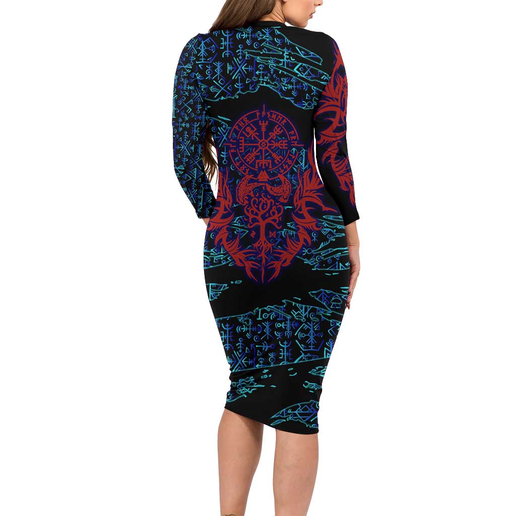 Odin Raven Viking Family Matching Long Sleeve Bodycon Dress and Hawaiian Shirt with Valknut and Runes Norse Mythology and Magic Tribute - Wonder Print Shop