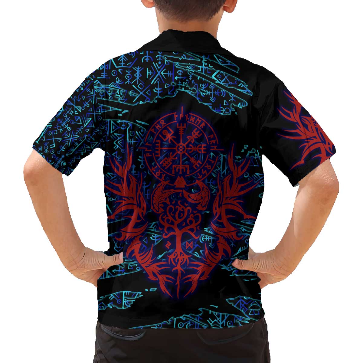 Odin Raven Viking Family Matching Off The Shoulder Long Sleeve Dress and Hawaiian Shirt with Valknut and Runes Norse Mythology and Magic Tribute - Wonder Print Shop