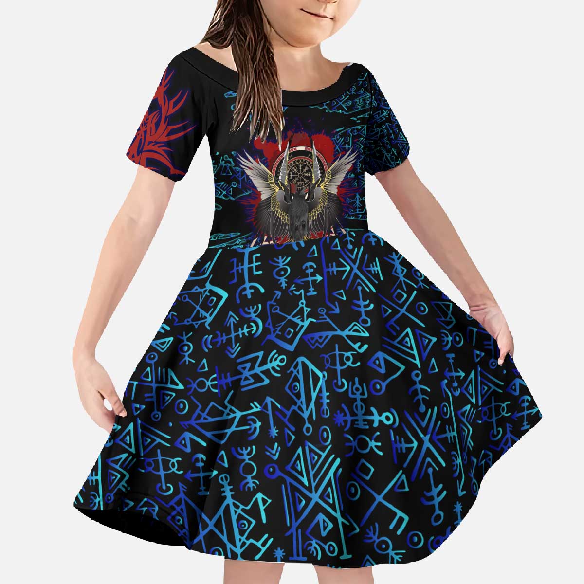 Odin Raven Viking Family Matching Off The Shoulder Long Sleeve Dress and Hawaiian Shirt with Valknut and Runes Norse Mythology and Magic Tribute - Wonder Print Shop