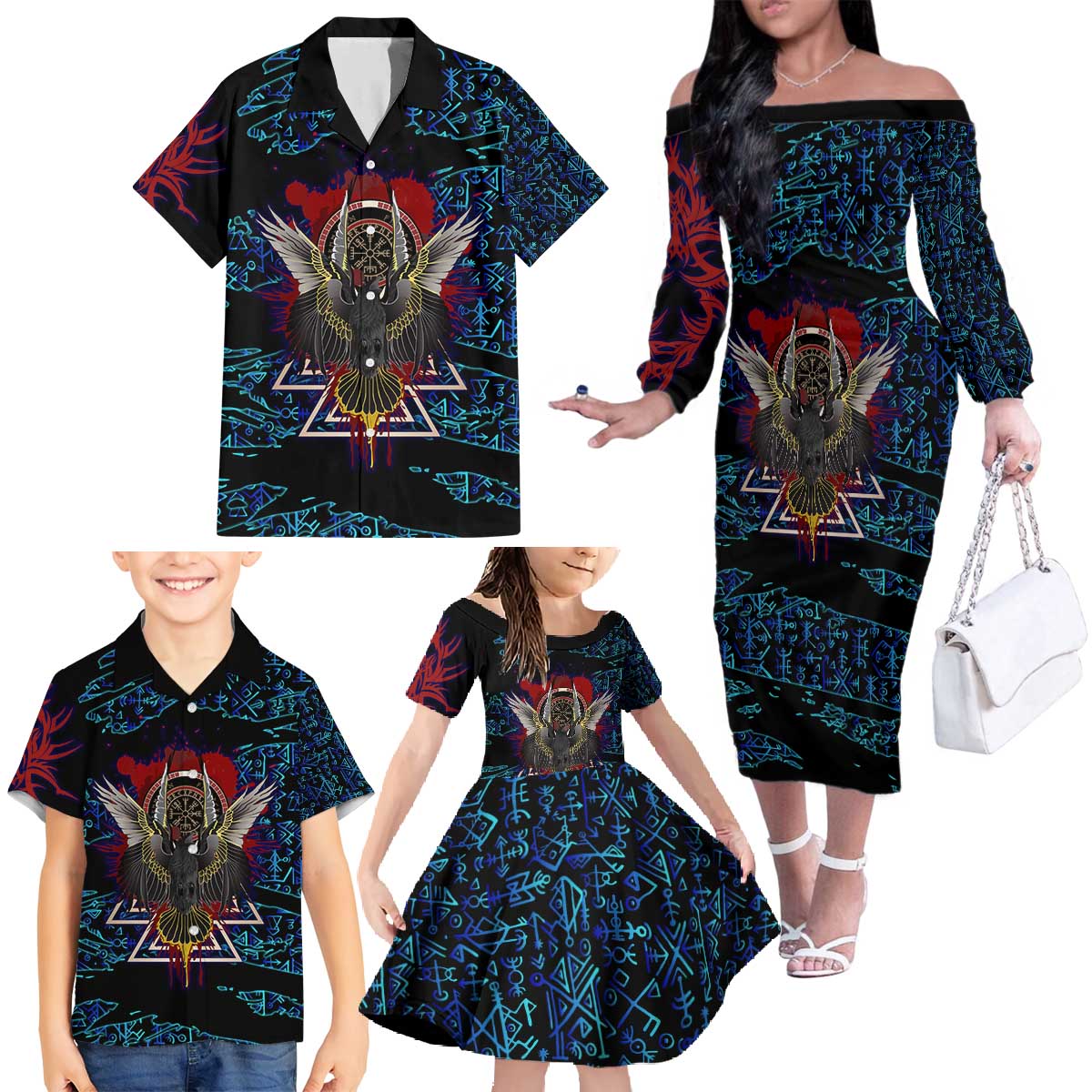 Odin Raven Viking Family Matching Off The Shoulder Long Sleeve Dress and Hawaiian Shirt with Valknut and Runes Norse Mythology and Magic Tribute - Wonder Print Shop
