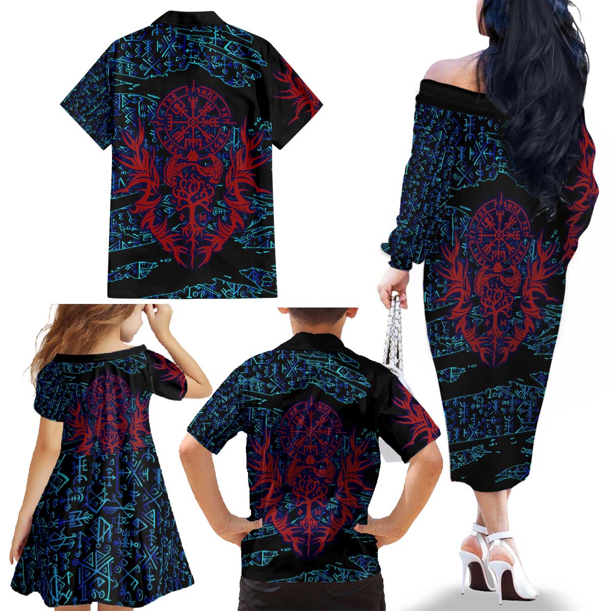 Odin Raven Viking Family Matching Off The Shoulder Long Sleeve Dress and Hawaiian Shirt with Valknut and Runes Norse Mythology and Magic Tribute - Wonder Print Shop