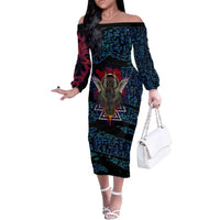 Odin Raven Viking Family Matching Off The Shoulder Long Sleeve Dress and Hawaiian Shirt with Valknut and Runes Norse Mythology and Magic Tribute - Wonder Print Shop