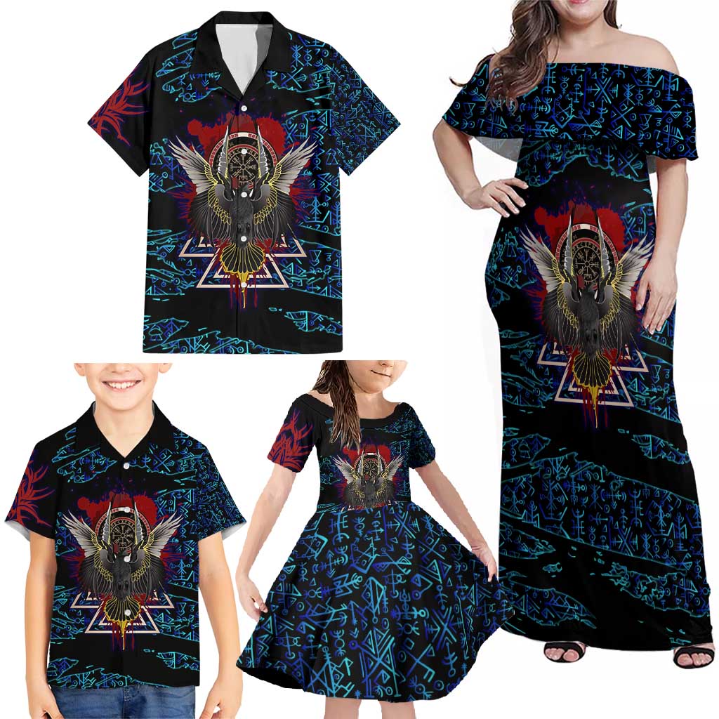Odin Raven Viking Family Matching Off Shoulder Maxi Dress and Hawaiian Shirt with Valknut and Runes Norse Mythology and Magic Tribute - Wonder Print Shop