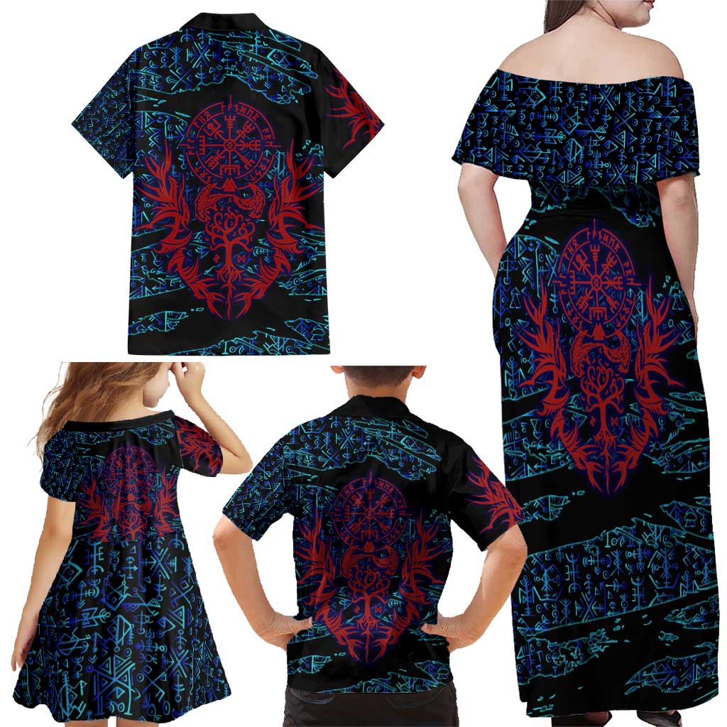 Odin Raven Viking Family Matching Off Shoulder Maxi Dress and Hawaiian Shirt with Valknut and Runes Norse Mythology and Magic Tribute - Wonder Print Shop