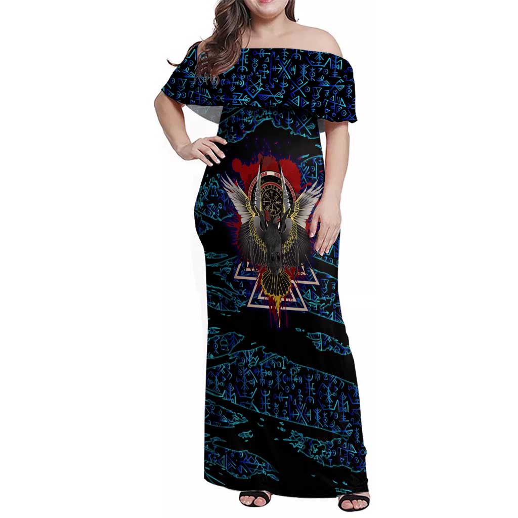 Odin Raven Viking Family Matching Off Shoulder Maxi Dress and Hawaiian Shirt with Valknut and Runes Norse Mythology and Magic Tribute - Wonder Print Shop
