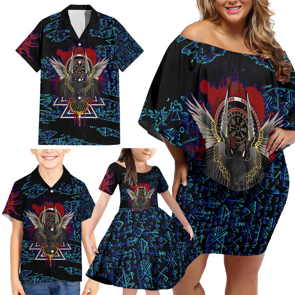 Odin Raven Viking Family Matching Off Shoulder Short Dress and Hawaiian Shirt with Valknut and Runes Norse Mythology and Magic Tribute - Wonder Print Shop