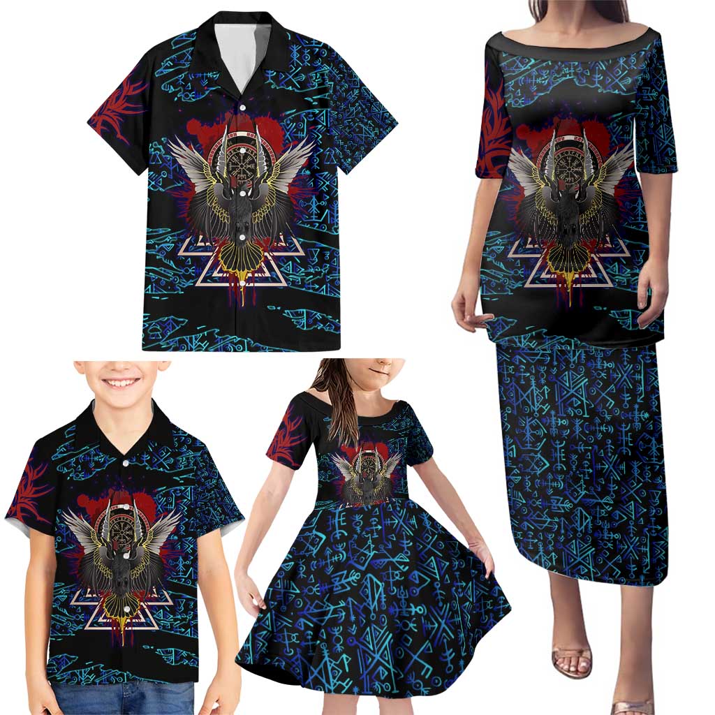 Odin Raven Viking Family Matching Puletasi and Hawaiian Shirt with Valknut and Runes Norse Mythology and Magic Tribute - Wonder Print Shop