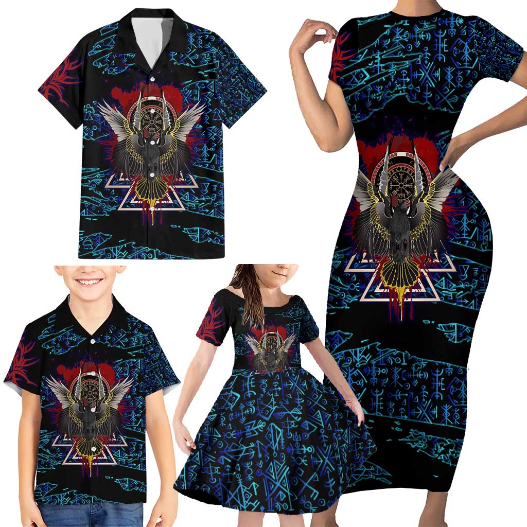 Odin Raven Viking Family Matching Short Sleeve Bodycon Dress and Hawaiian Shirt with Valknut and Runes Norse Mythology and Magic Tribute - Wonder Print Shop