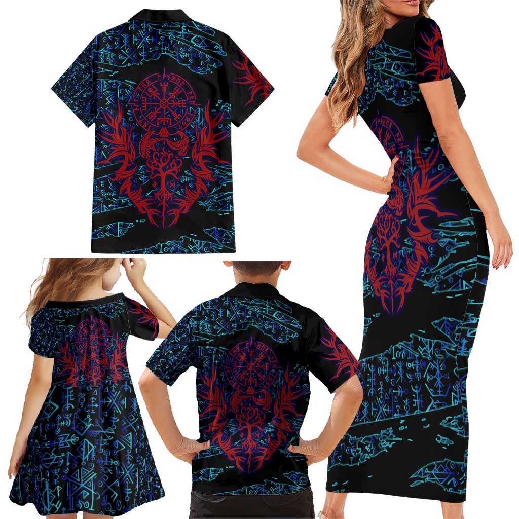 Odin Raven Viking Family Matching Short Sleeve Bodycon Dress and Hawaiian Shirt with Valknut and Runes Norse Mythology and Magic Tribute - Wonder Print Shop
