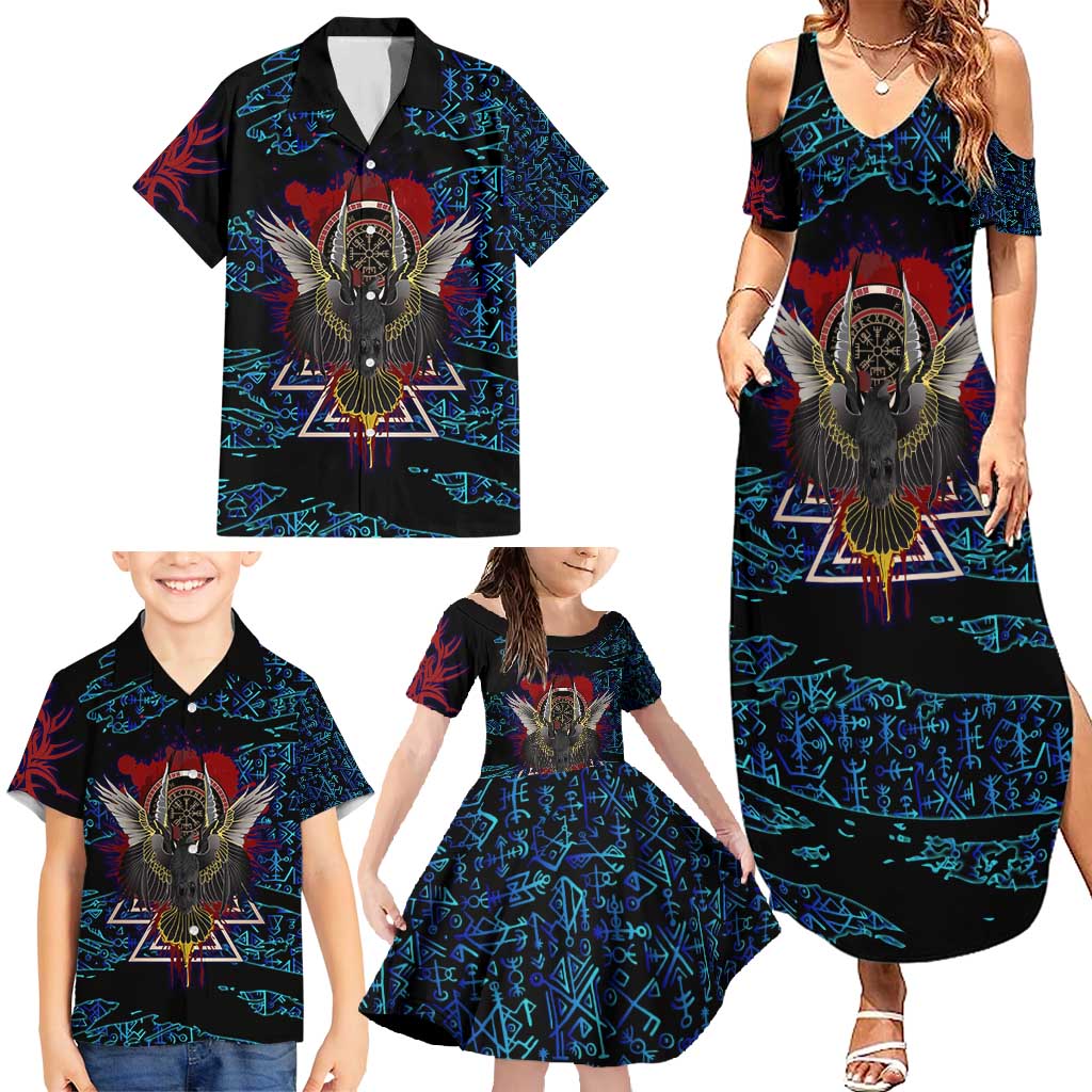 Odin Raven Viking Family Matching Summer Maxi Dress and Hawaiian Shirt with Valknut and Runes Norse Mythology and Magic Tribute - Wonder Print Shop
