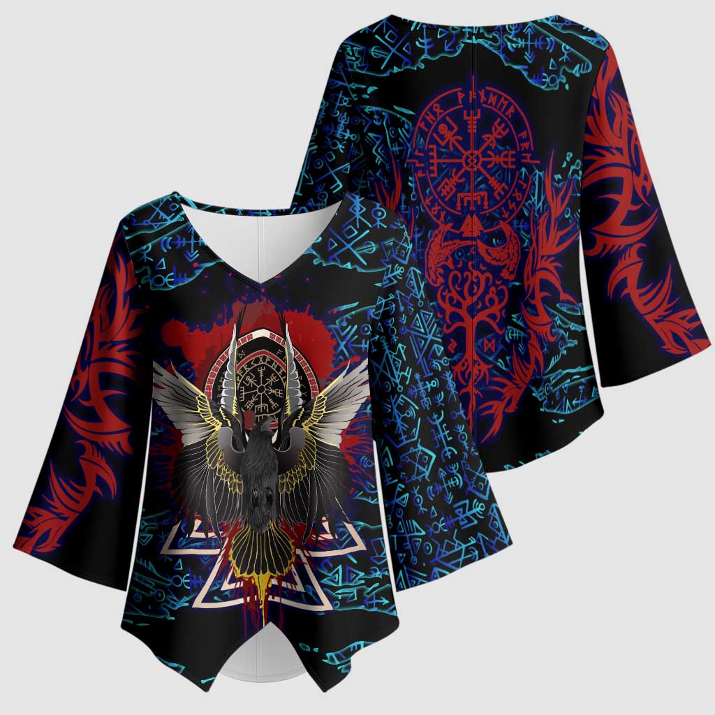 Odin Raven Viking Kimono Sleeve Blouse with Valknut and Runes Norse Mythology and Magic Tribute - Wonder Print Shop